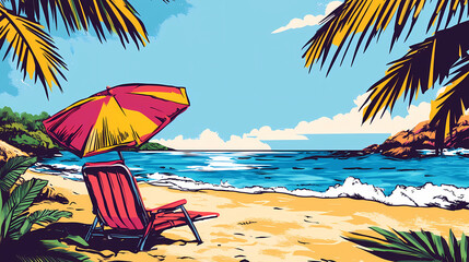 Vibrant pop art style beach scene with playful comic book elements, beach, vibrant, pop art, comic book, playful, summer, ocean, sand. Comic Book Pop Art. Illustration