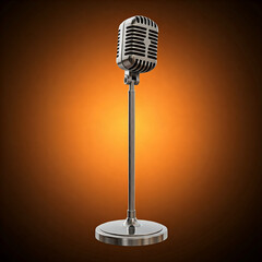 Fototapeta premium vintage microphone on stage with spotlight. retro microphone of the stage. vintage mike with long stand in a colorful background. microphone with a long stand in a stage.