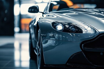 A modern luxury gray sports car parked in a dark environment, showcasing its shiny clean lines and...