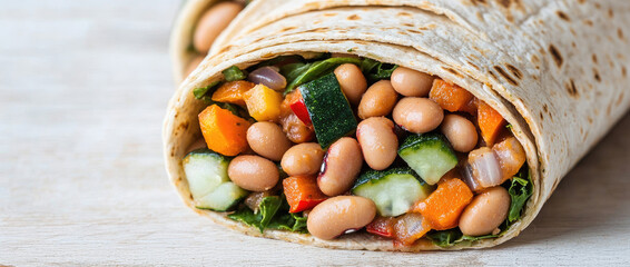 Delicious vegetable wrap with beans and fresh ingredients, perfect for a healthy meal on a wooden surface.