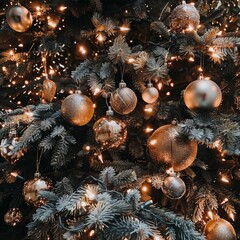 A tree with many gold colored ornaments on it. The tree is lit up with lights