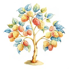 Watercolor painting of a mulberry tree with fruits and blue leaves..