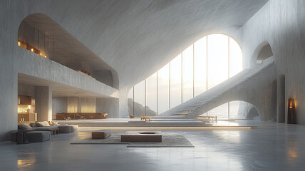White empty room with Scandinavian design, large windows, natural light