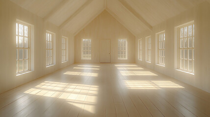 Minimalist Nordic-style room, light wood floors, bright and open