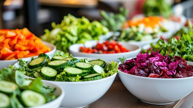 Colorful salad bar buffet in a restaurant, featuring fresh green and purple lettuce, sweet peppers, and cucumbers in white bowls, offering a vibrant and healthy lunch or dinner option