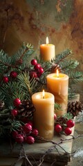 Christmas candles adding a warm glow to holiday decorations.