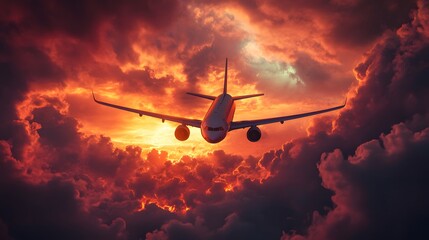 Naklejka premium Commercial airplane flying above dramatic clouds during sunset. 