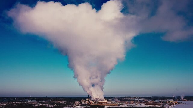 Aerial view of an industry revealing a massive steam cloud during freezing temperatures in Pite&aring;, Sweden