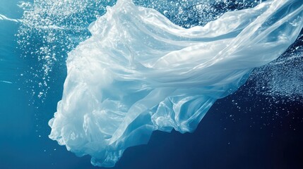 Fototapeta premium White dress submerged in blue ocean featuring an advertisement style with floating fabric bubbles and water splashes ideal for a banner design with ample copy space