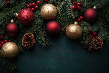 Festive Christmas Ornaments on Evergreen Background
