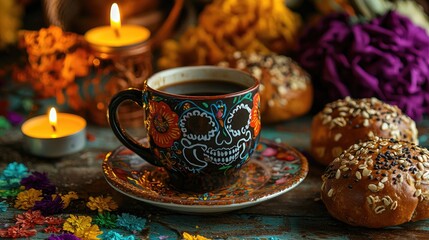 Fototapeta premium Hot Coffee In An Artisan Cup With Fluffy And Delicious Bread Of The Dead With Sesame In Offering Of The Day Of The Dead With Decoration Of Cempasuchil And Colored Cut Out Paper And Candles