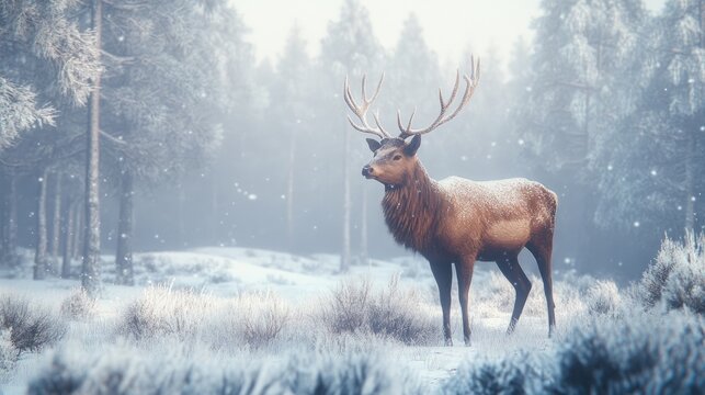 Red deer stag amidst a snowy winter forest scene