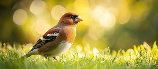 Fototapeta premium Closeup Of A Male Hawfinch Coccothraustes Coccothraustes Bird Perched In A Green Grass Field Selective Focus And Natural Sunlight