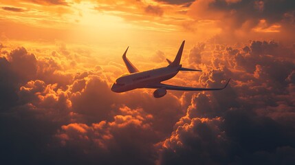 Commercial airplane flying above dramatic clouds during sunset. 