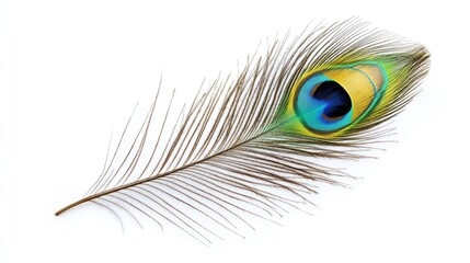 Fototapeta premium Colorful Peacock Feather Displaying Stunning Hues Against a Clean White Background Representing Natural Beauty