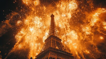 Golden fireworks exploding over the eiffel tower in paris, france