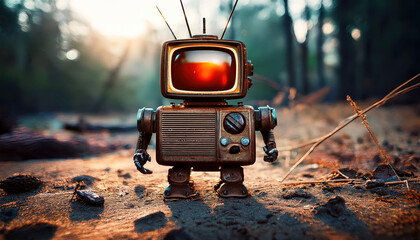 A small, rusty, old, vintage robot with a television for a head and two red LEDs as eyes.