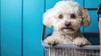 Adorable bichon frise dog resting inside a travel pet carrier with a blue wall backdrop