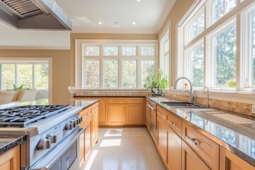 Fototapeta premium A well-lit modern kitchen featuring large windows, wooden cabinets, granite countertops, and stainless steel appliances.