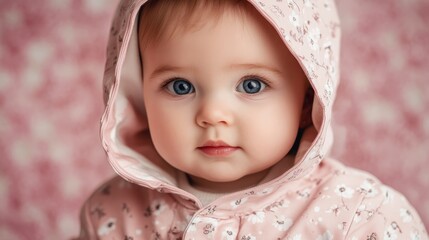 Baby Girl in a Pink Floral Hooded Jacket