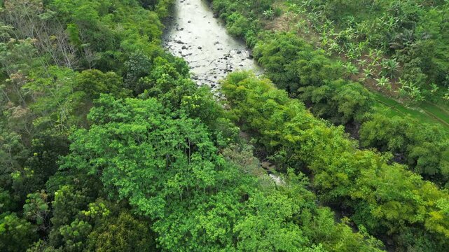 Mandiri River Winds Through Indonesian Jungle And Mountains In Sukabumi Indonesia Drone Track Forward 4K 60FPS