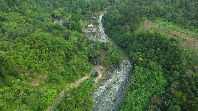 Small Isolated Commune Sits In The Middle Of The Mandiri River In Sukabumi Indonesia 4K 60FPS