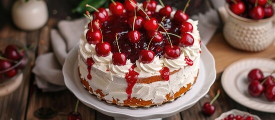 Naklejka premium Round Cake With Cherry Jam On A White The Form Of The Top