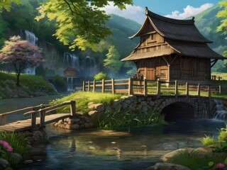 Fototapeta premium Beautiful riverside home with wooden bridge in a picturesque location
