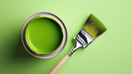 Overhead view of a green paint can alongside a brush