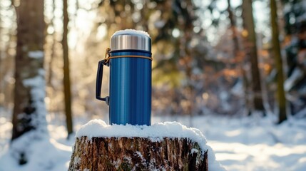 Blue thermos resting on a snow covered stump in a winter forest Camping vacuum flask captured during the daytime Vertical composition