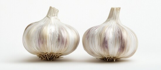 Two Bulbs Of Garlic Shot Against A White Background