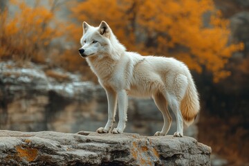 Fototapeta premium White wolf standing on rock with autumn colors in background