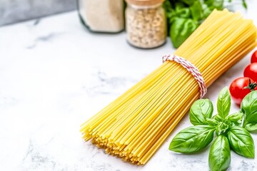  Espaguetis crudos acompañados de hojas frescas de albahaca y tomates, dispuestos sobre un fondo claro, ideales para una receta italiana.
