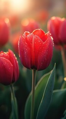 Single red tulip blooming in field of flowers