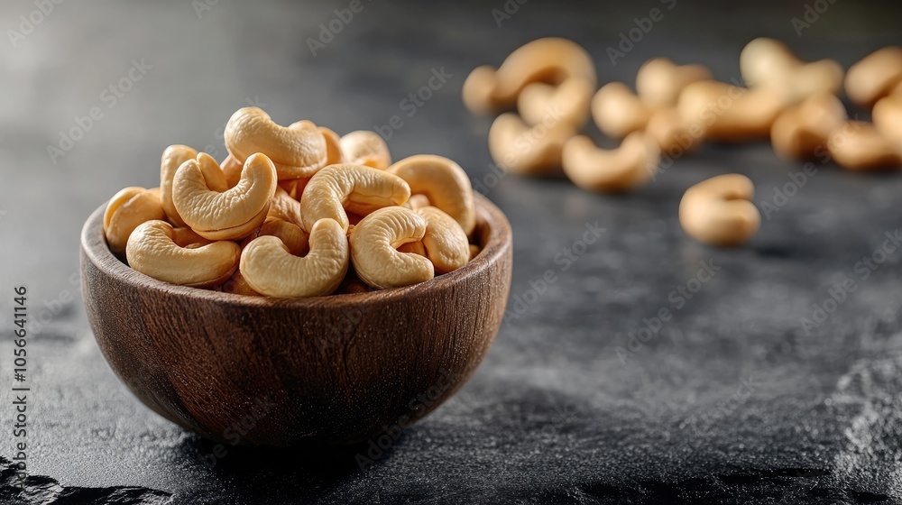 Wall mural cashew nuts arranged in a wooden bowl on a dark stone surface with a softly blurred backdrop