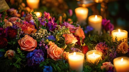 A beautifully decorated casket surrounded by vibrant flowers and glowing candles during a heartfelt memorial service