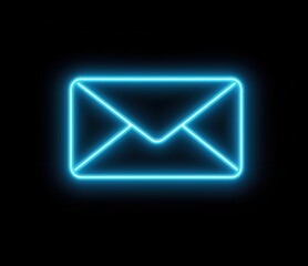 Fototapeta premium Glowing blue neon envelope icon on black background.
