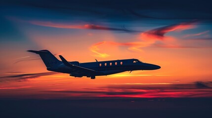 Dark outline of a private jet airplane against a sunset backdrop.