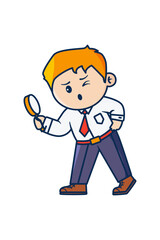 A man searches for something using a magnifying glass