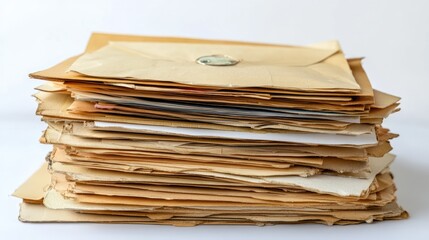 Stack of unopened letters ready for mailing set against a white background