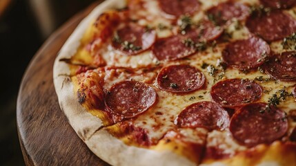 Close up of salami pizza on a wooden plate