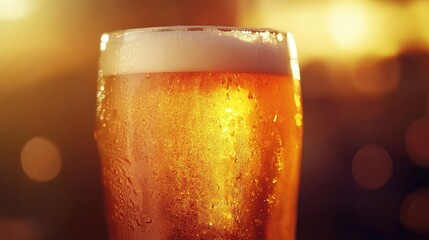 Chilled beer in a glass captured in close up against a dimly lit backdrop with warm sunset hues Ideal for beverage promotions