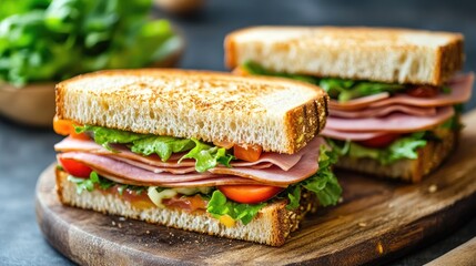 Two sandwiches filled with ham cheese and fresh salad