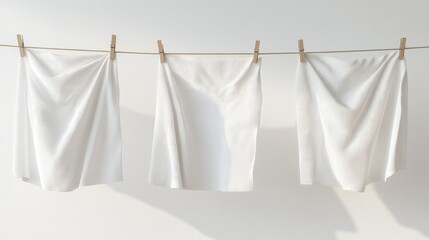 Freshly laundered white sheets hanging on a line with clothespins A clean open space for mockup or text placement