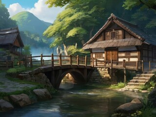 Fototapeta premium Quiet countryside, beautiful house by the river with wooden bridge in a picturesque location