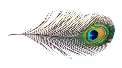 Obraz premium Colorful Peacock Feather Displaying Stunning Hues Against a Clean White Background Representing Natural Beauty