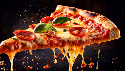 A pizza slice mid-air as it drops, showcasing melted cheese, toppings, and golden crust. The action shot captures the movement and delicious details of the slice.