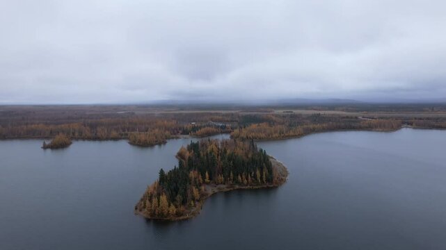 Aerial of a peaceful island at Chena Lake, Alaska with autumn colors drone