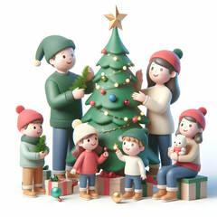 3D Parents Children Decorating Christmas Tree Together Smiles Laughter Holiday Moments Family Festive Vibe Copy Space Icon Iconic Isolated White Background