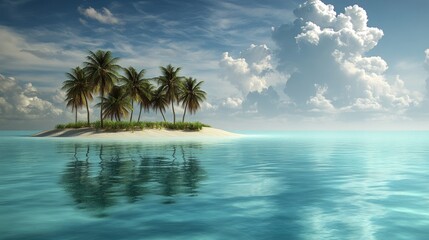 Mystical tropical island graphic featuring coconut trees isolated in the ocean surrounded by clear blue waters and a cloudy sky
